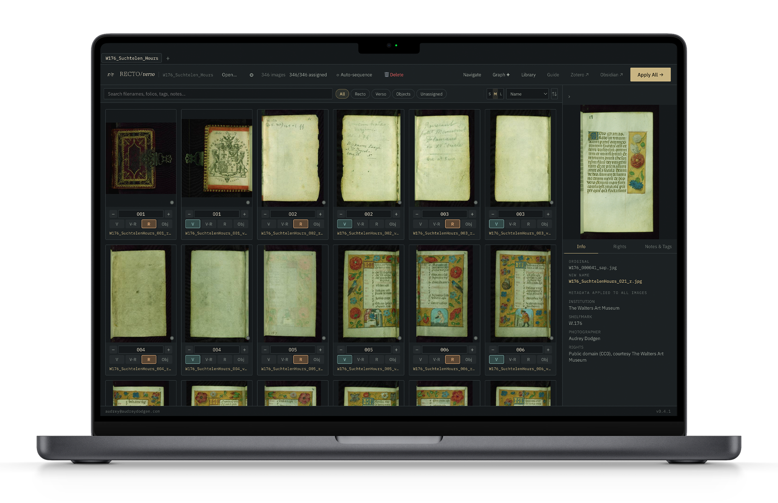 Recto/Verso cataloging a 15th-century book of hours, shown on a MacBook